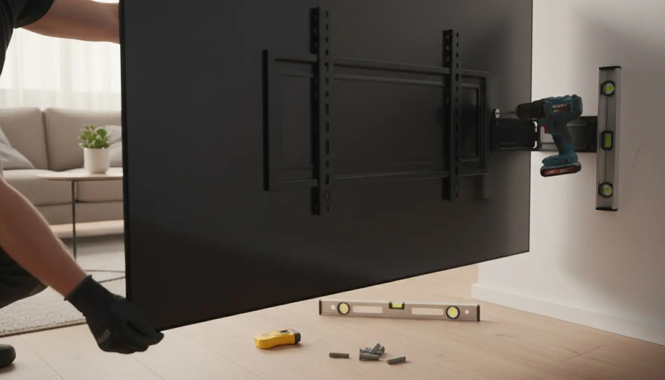 Et 98-tommer tv monteres på en væg i en moderne stue, hænder og værktøj er i fokus.