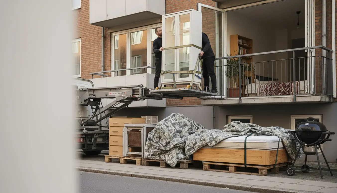 To personer flytter seng og møbler fra 1. sal med en lille lastbil med lift.