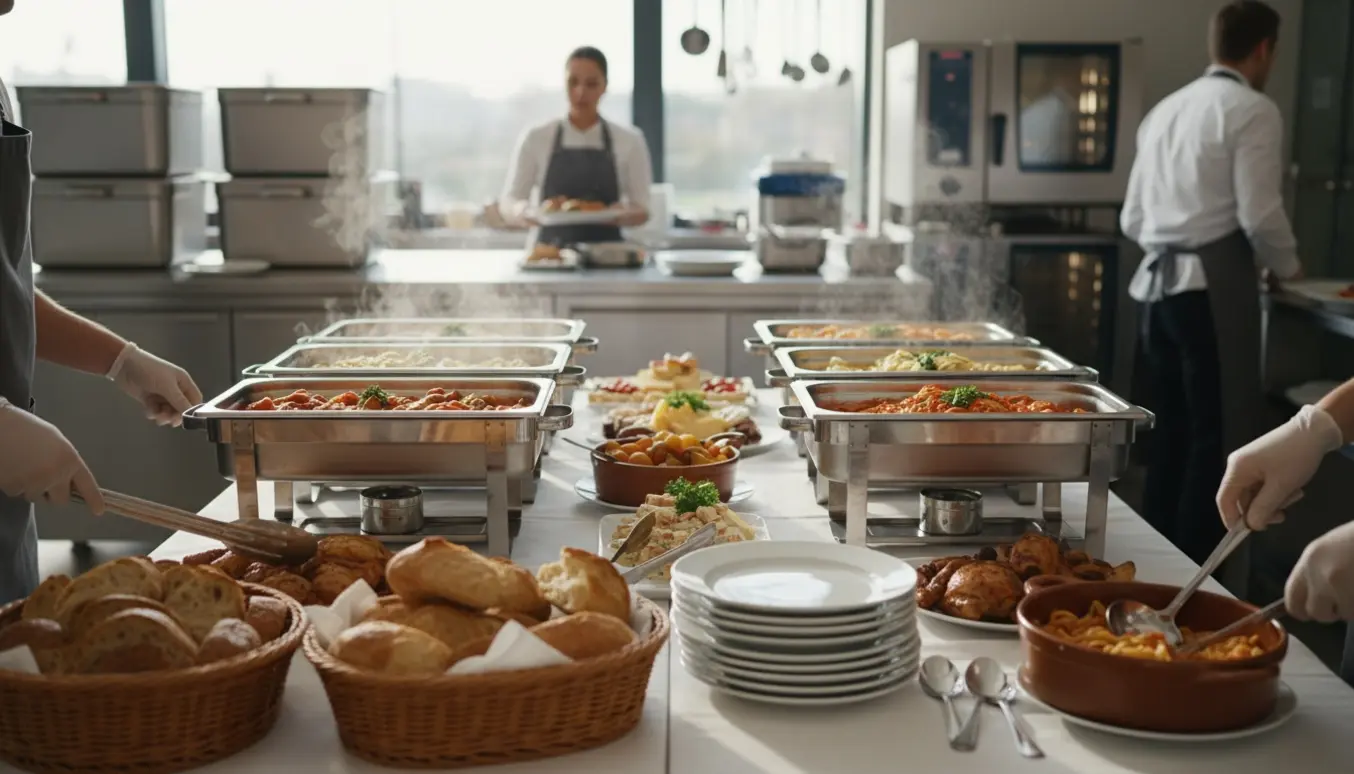 Buffetbord i et festlokale, hvor servere rækker varme fade og brød frem fra catering.
