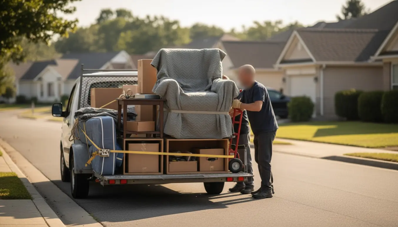 Personer læsser små møbler og pakker på en trailer ved fortovet klar til storskrald.