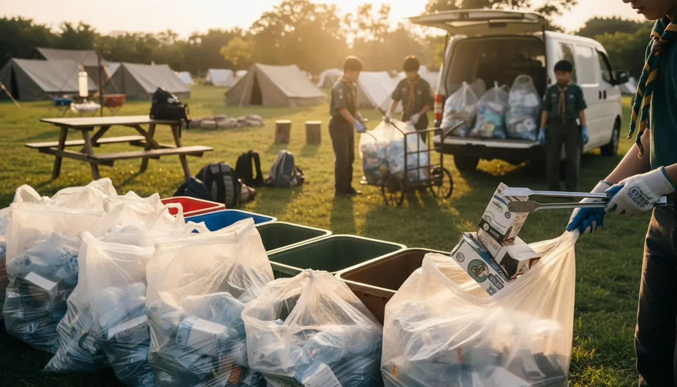 Organiseret opsamling af plastaffald og klappede mælkekartoner ved en lejrplads med frivillige, sække og en varevogn i baggrunden.