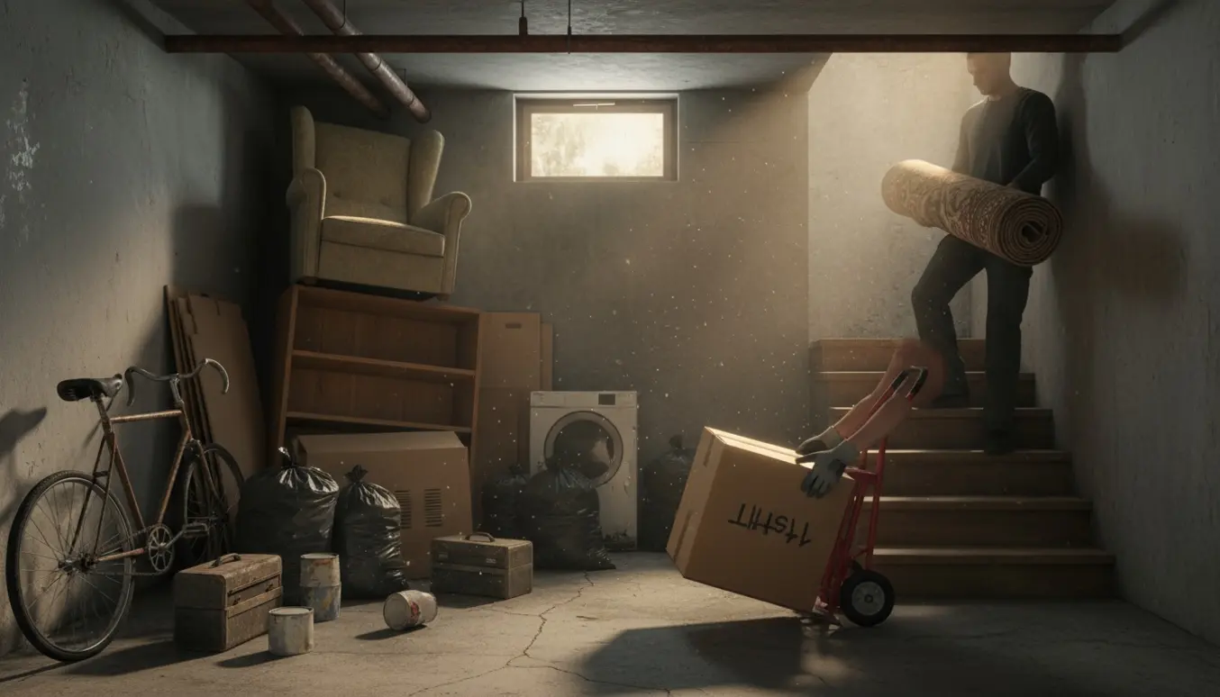 Kælderum ryddes med stabler af møbler, papkasser og sorte sække ved trappen op i dagslys.