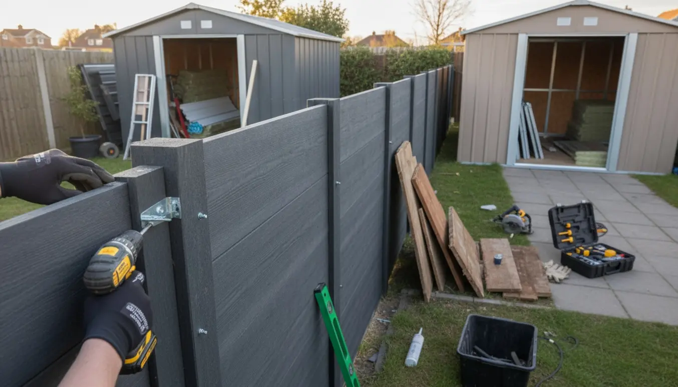 Håndværkeres hænder monterer et vedligeholdelsesfrit hegn i en have, med gamle plankestakke og nye skure i baggrunden.