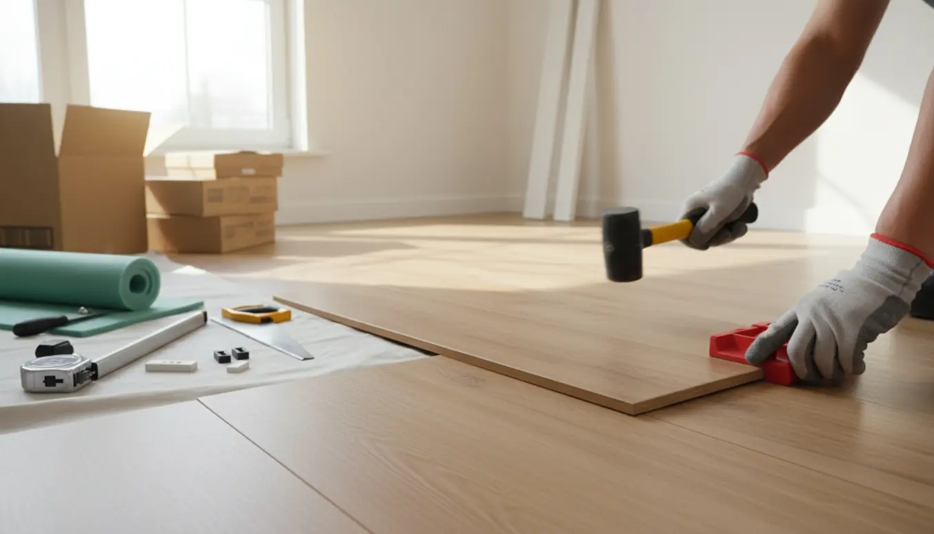 Delvist lagt klikgulv i en lys stue, nærbillede af hænder, værktøj og stabler af planker i naturligt lys.