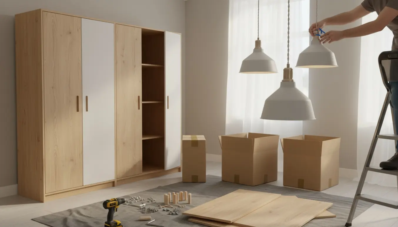 Hænder samler et fladpakket skab, mens en person på en stige monterer tre matchende pendellamper i en lys stue.