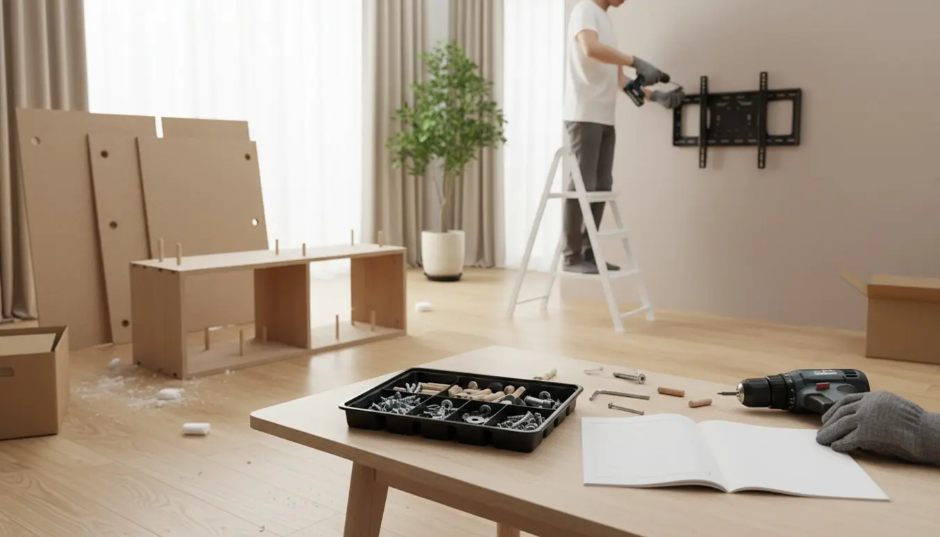 Hænder samler fladpakket møbel og monterer et vægbeslag til fladskærm i en lys, moderne stue.