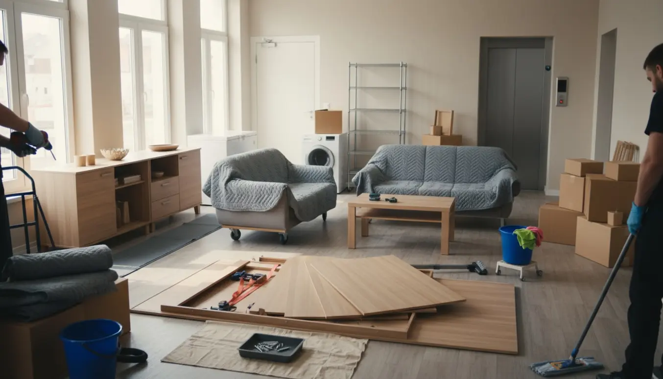 Lejlighed under rydning og flytterengøring med møbler, kasser og værktøj, ansigter ikke synlige.