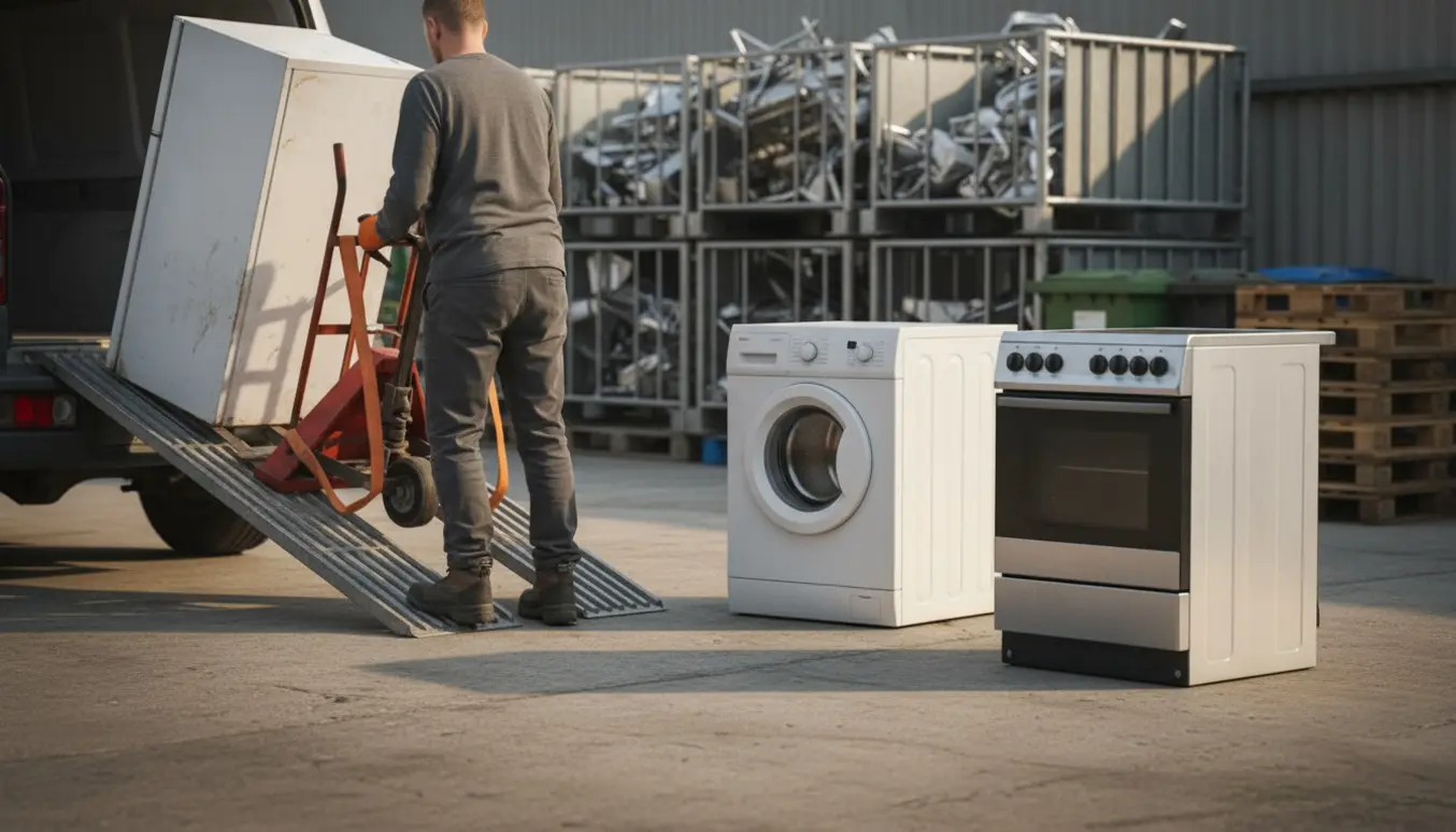 Person læsser køleskab, vaskemaskine og komfur af ved en genbrugsplads med en sækkevogn.