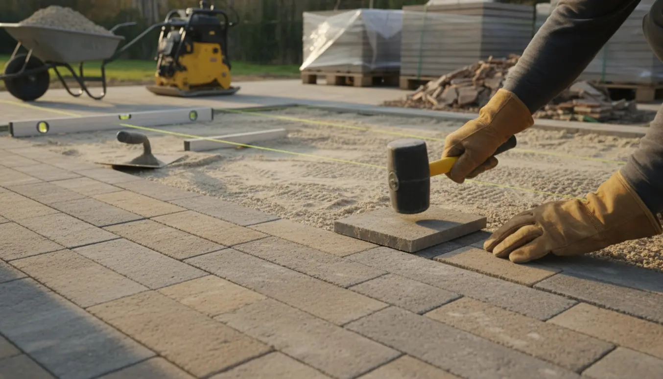 Hænder slår en terrasseflise på plads i sand, med værktøj og stakke af nye fliser i baggrunden.