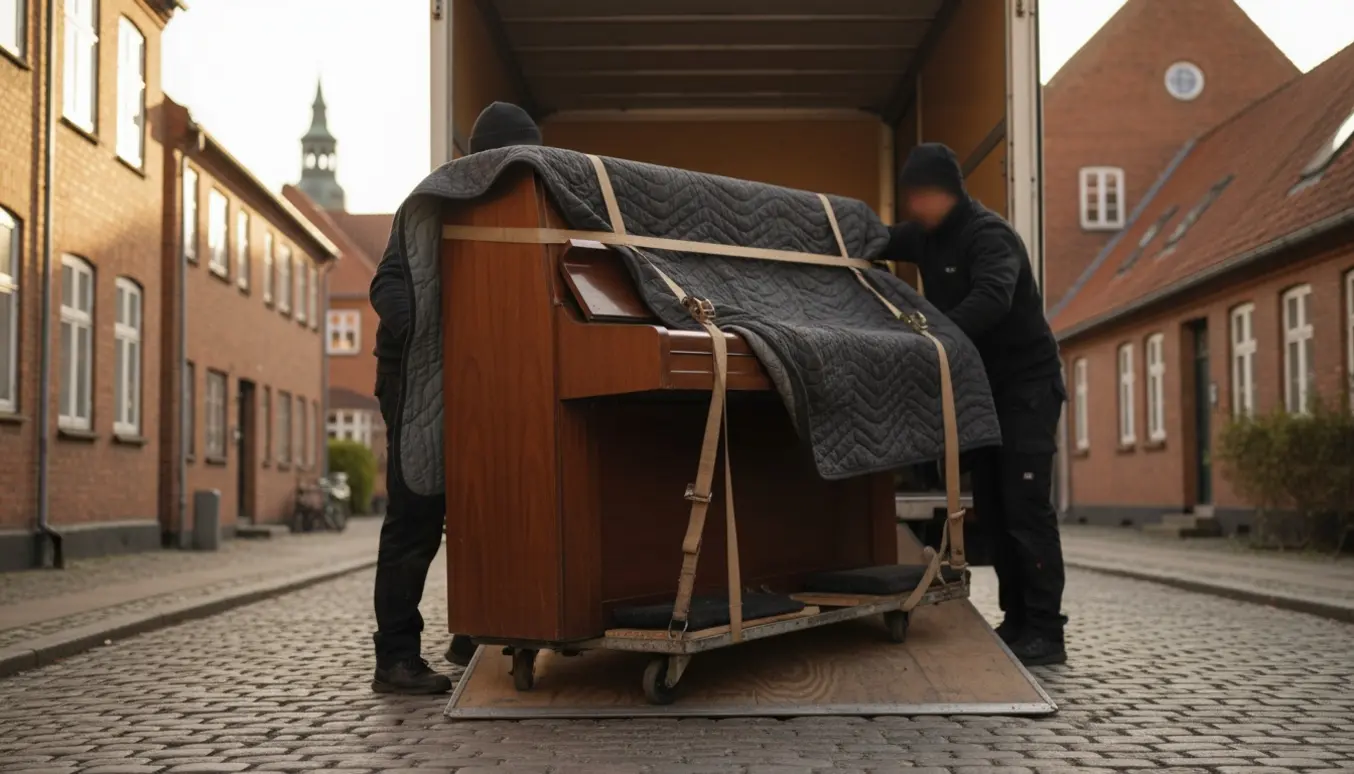 Et mahogniklaver læsses af flyttemænd ind i en varevogn på en dansk bygade.