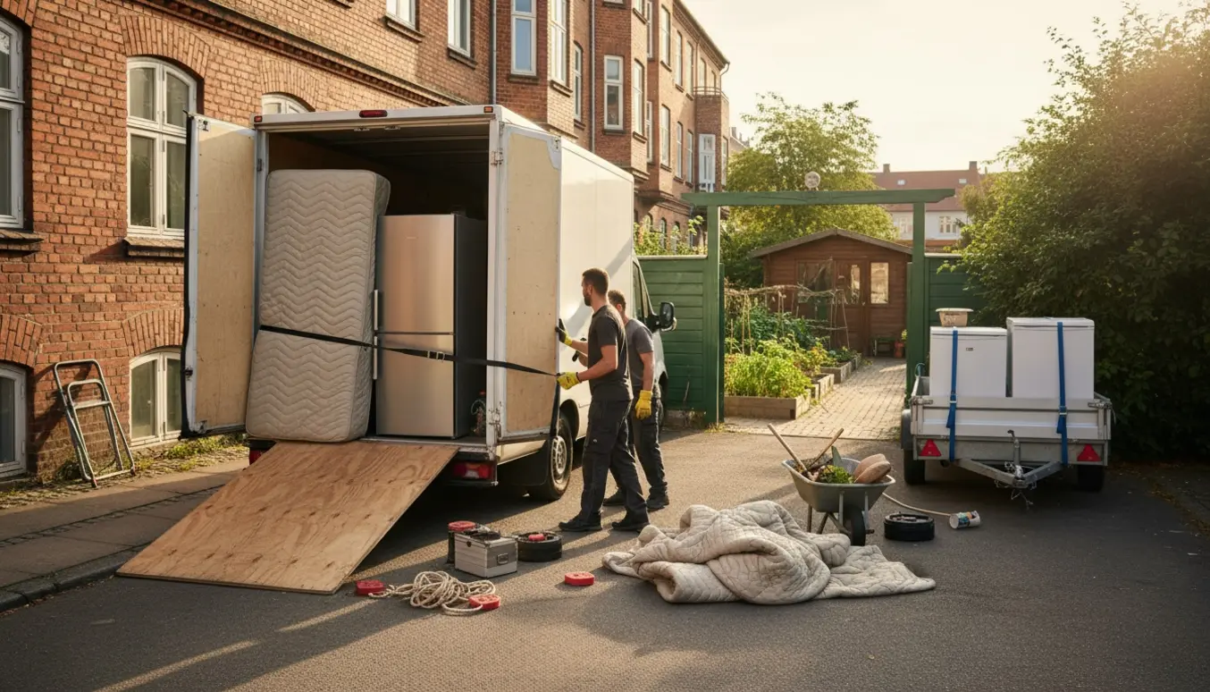Varevogn læsser en 160 cm seng og et køleskab på en Nørrebrogade med trailer til små hvidevarer og en kolonihave i baggrunden.