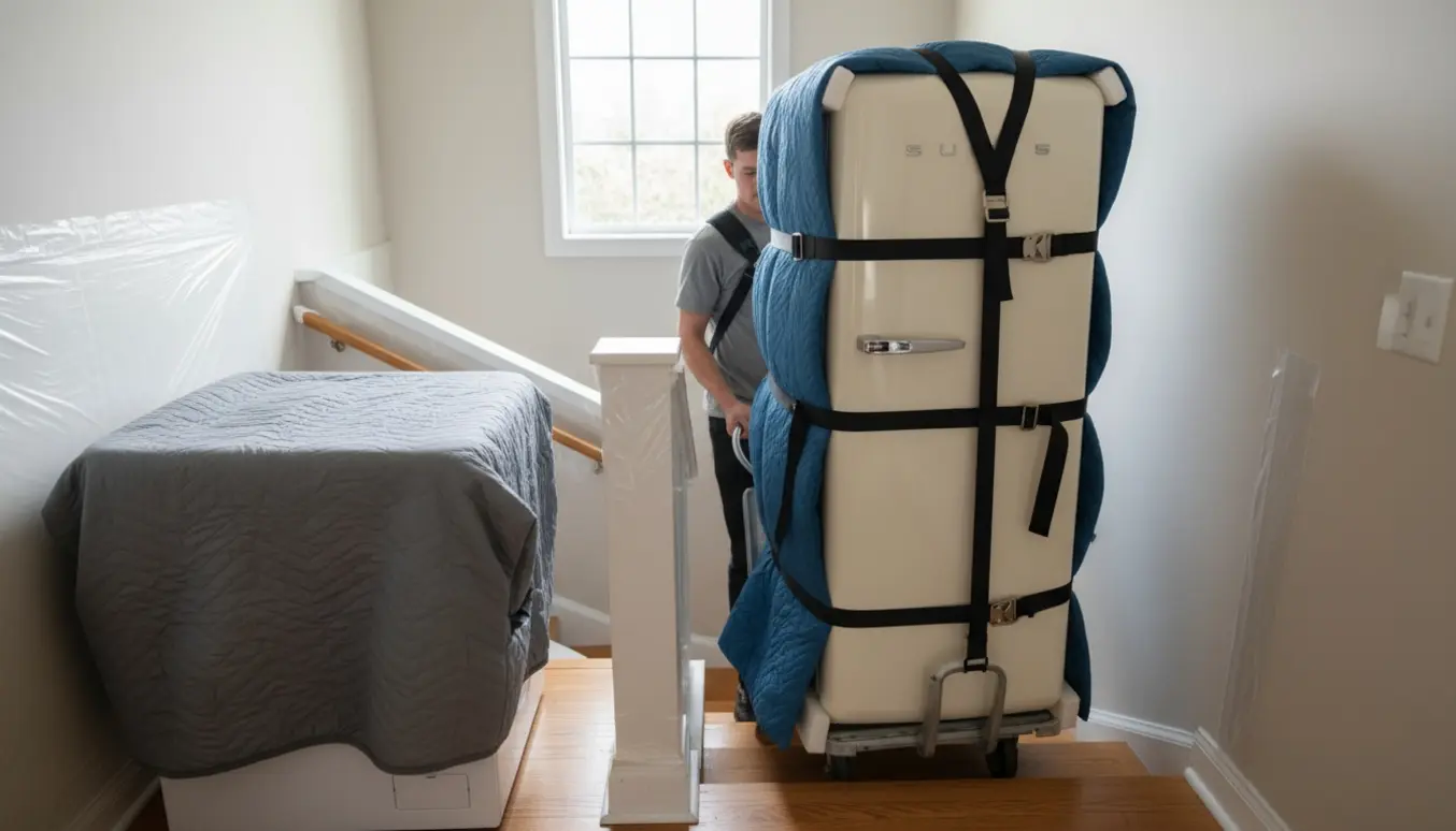 To flyttemænd bærer et højt køleskab ned ad en smal trappe med wall- og møbelbeskyttelse, mens en indpakket vaskemaskine venter på landingen.