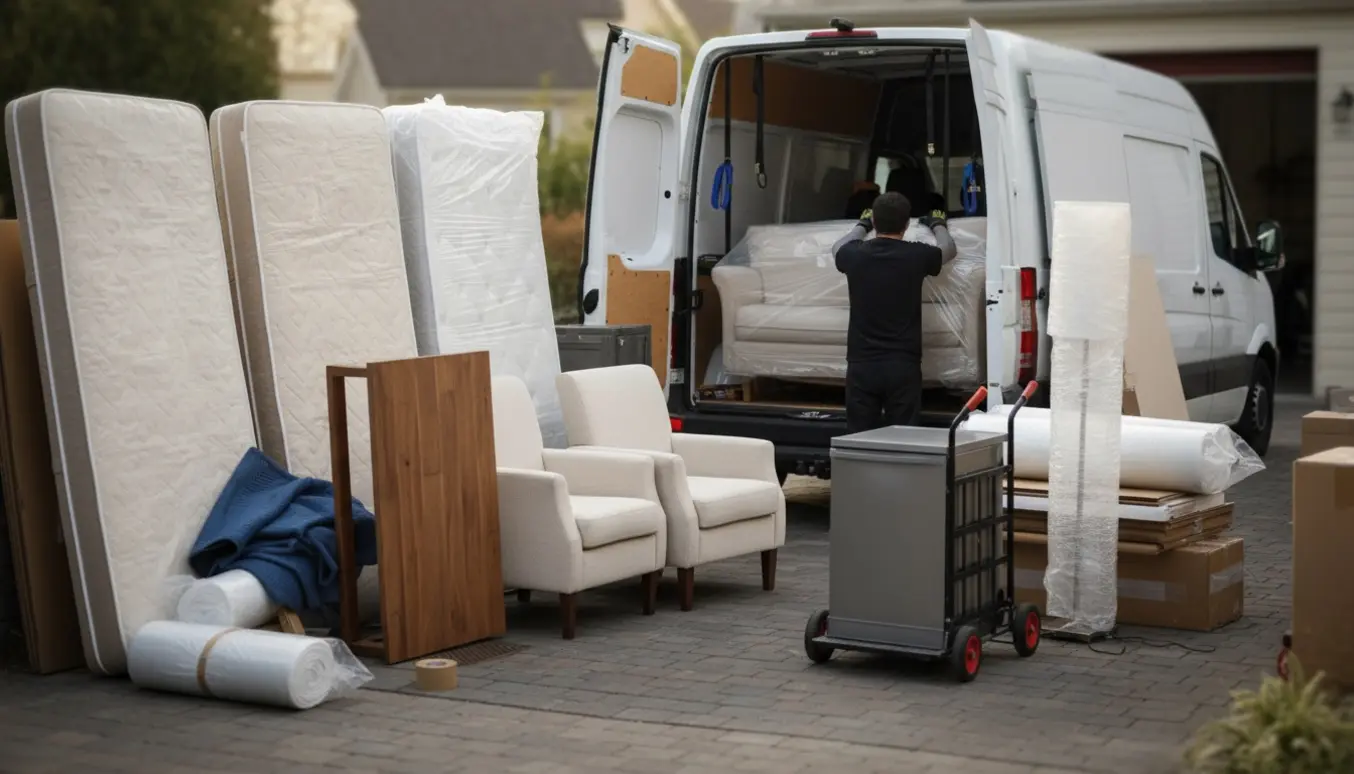 Varevogn lastes med indpakkede madrasser, sofa, sofabord og opvaskemaskine klar til afhentning og bortskaffelse.