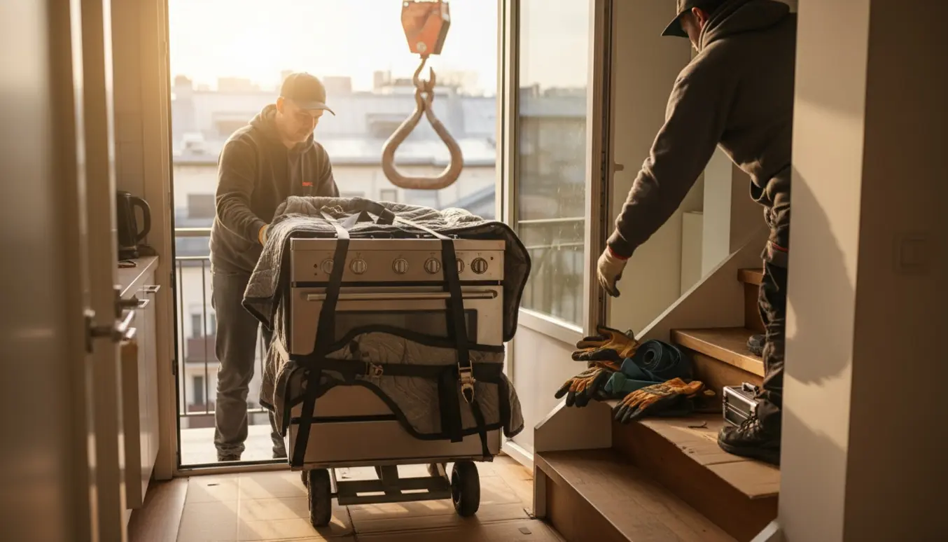 To flytter fjerner et indpakket komfur fra en lejlighed på fjerde sal med dolly og kran uden at vise ansigter.