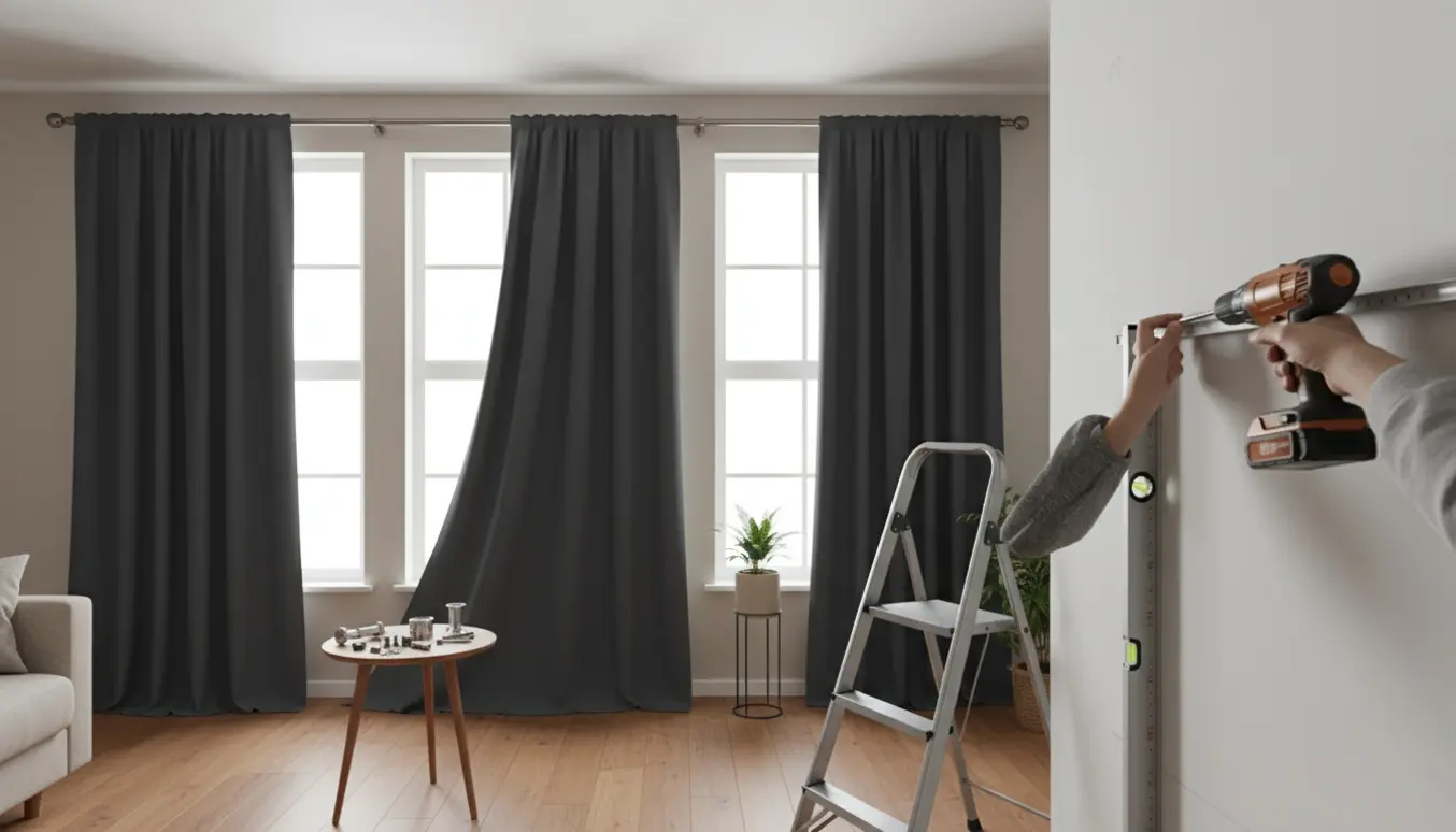 Hænder monterer mørklægningsgardiner på fire store vinduer med boremaskine, vaterpas og stige.