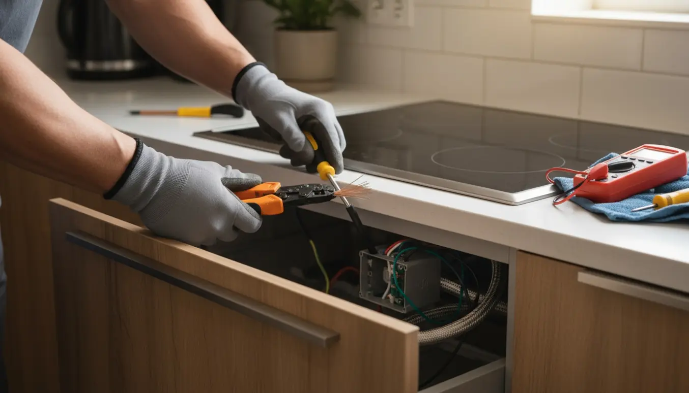 Hænder fra en elektriker tilslutter en kogeplade under en åben køkkenskab med værktøj og kabler synlige.