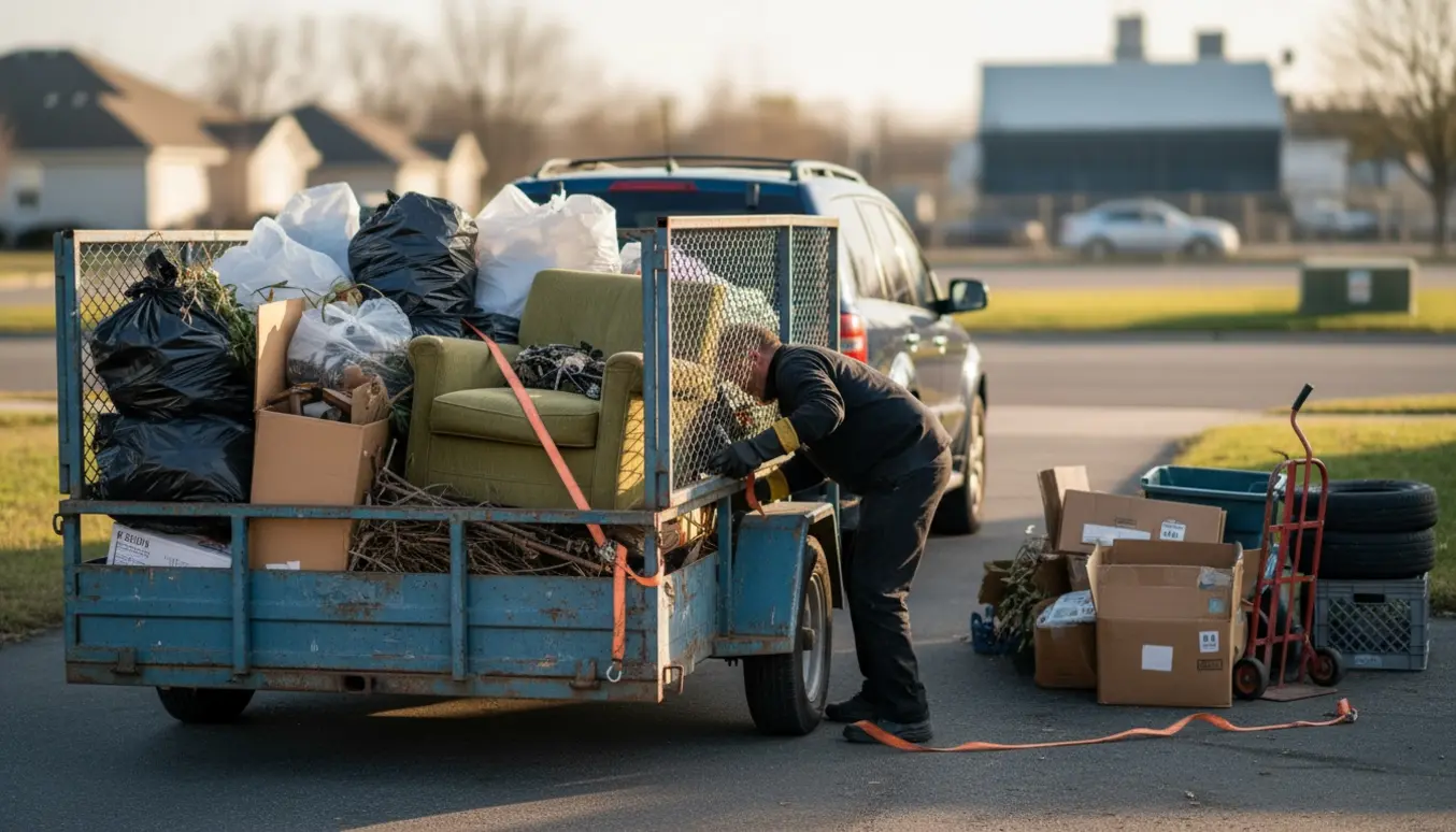 Åben trailer på indkørsel fyldt med forskelligt affald og poser klar til kørsel til genbrugsplads.
