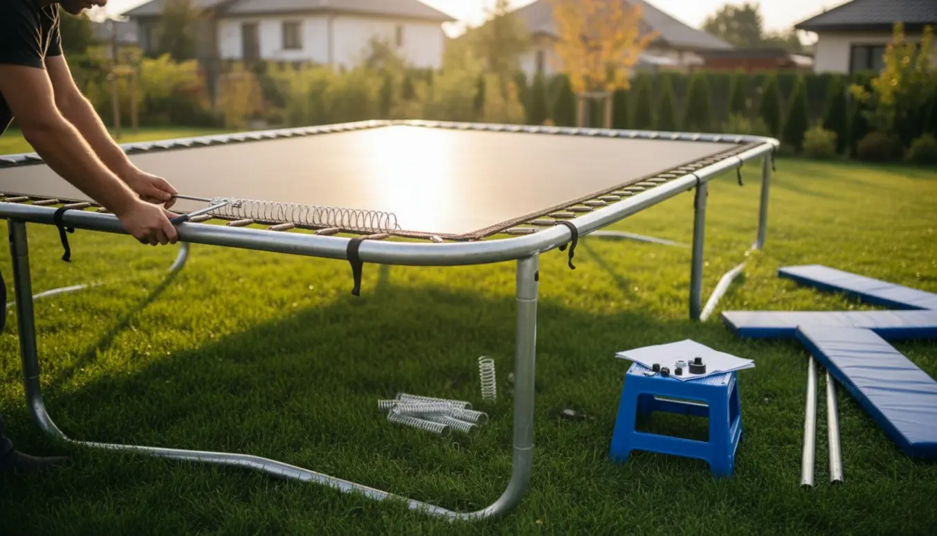 Hænder samler en stor rektangulær Berg-trampolin i en have med ramme, fjedre og sikkerhedspolstring.