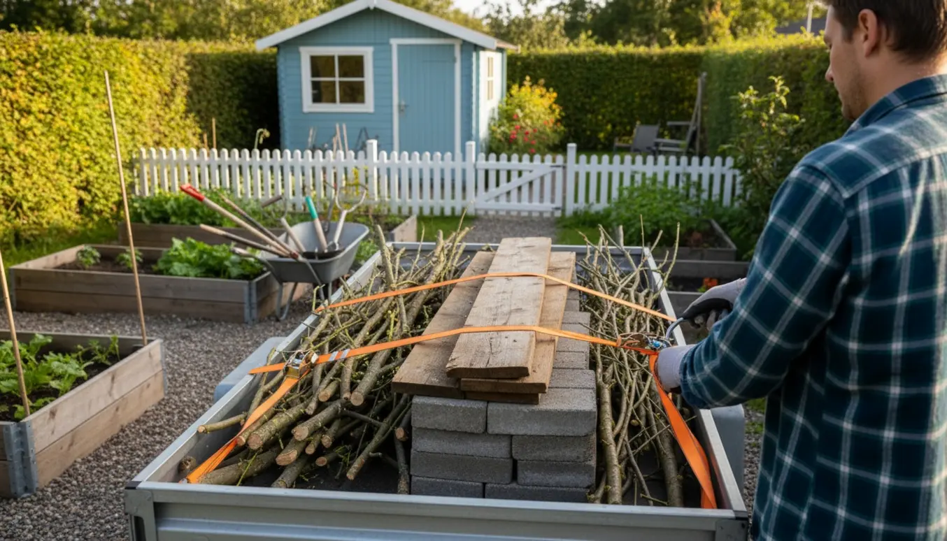 En trailer i en kolonihave fyldt med grene, brædder og fliser, hvor en person i handsker spænder stropper.