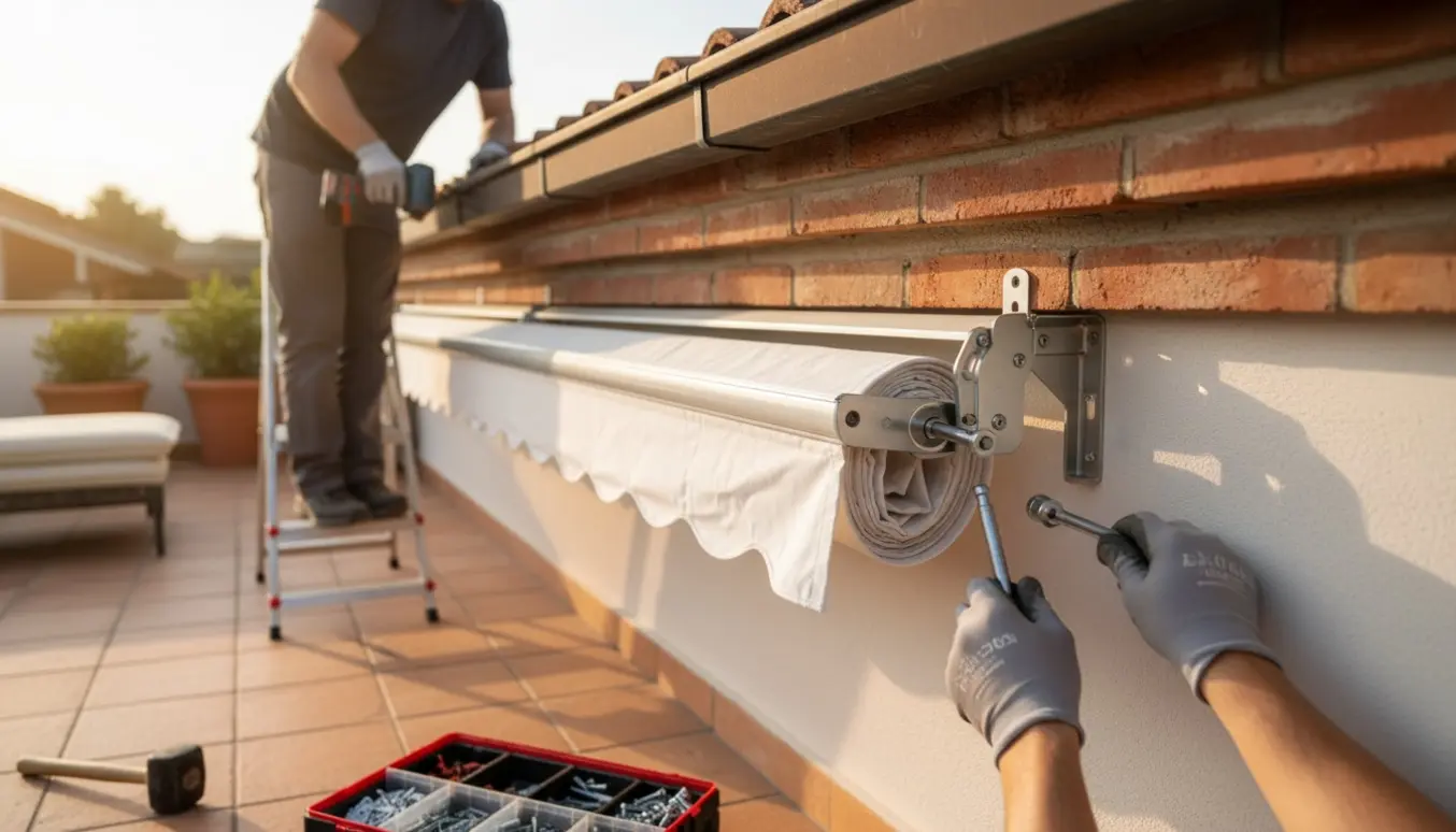 Nærbillede af manuel markise under montering med hænder, værktøj og monteringsbeslag på husfacaden.