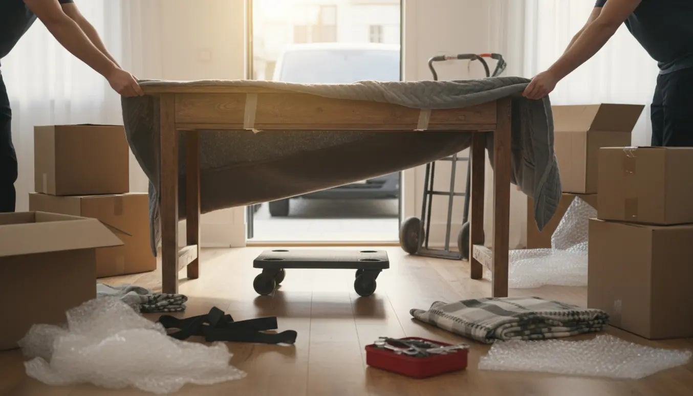 Et mellemstort skrivebord pakket i flyttetæpper på en tralle ved en åben flyttebil.