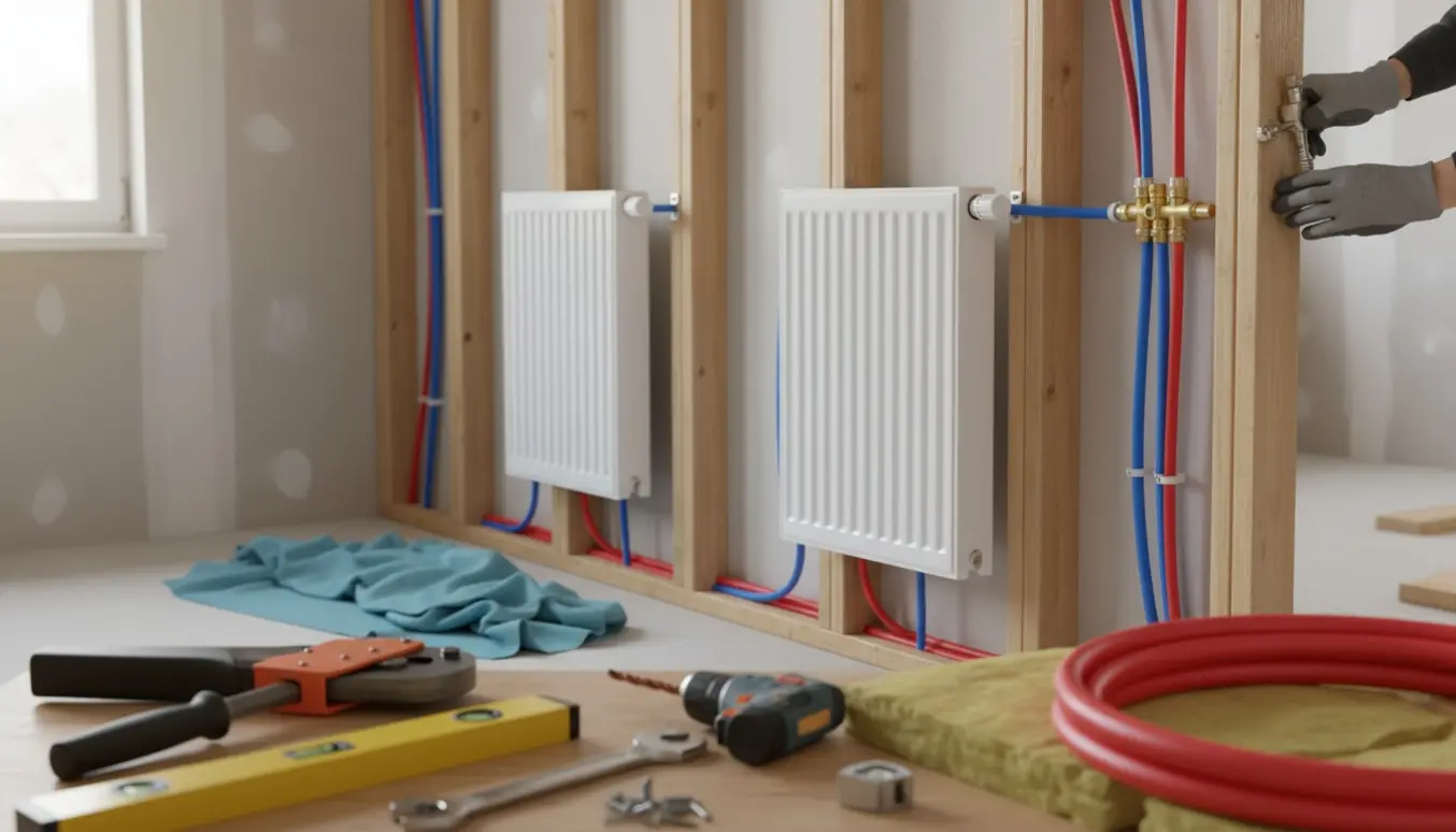 To nye radiatorer ved en nyskabt trævæg med synlig pex-rørføring og VVS-værktøj i naturligt lys.
