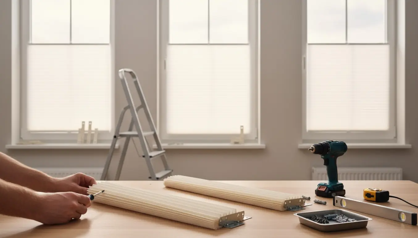 Hænder fjerner et plissegardin, to nedtagne gardiner ligger foldet på et bord, og tre nye plissegardiner er ophængt i baggrunden.