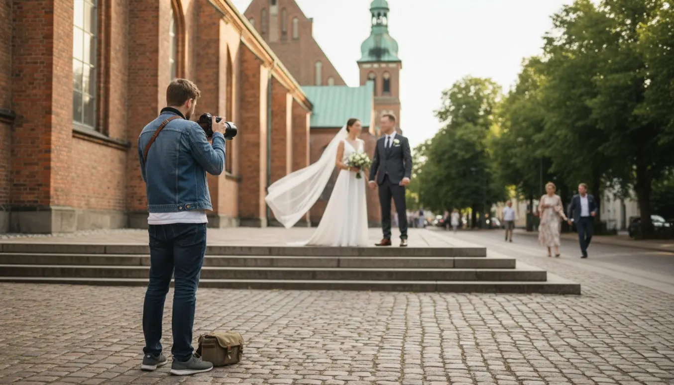 En amatørfotograf tager bryllupsbilleder foran en kirke på Frederiksberg med brudeparret i blød fokus.