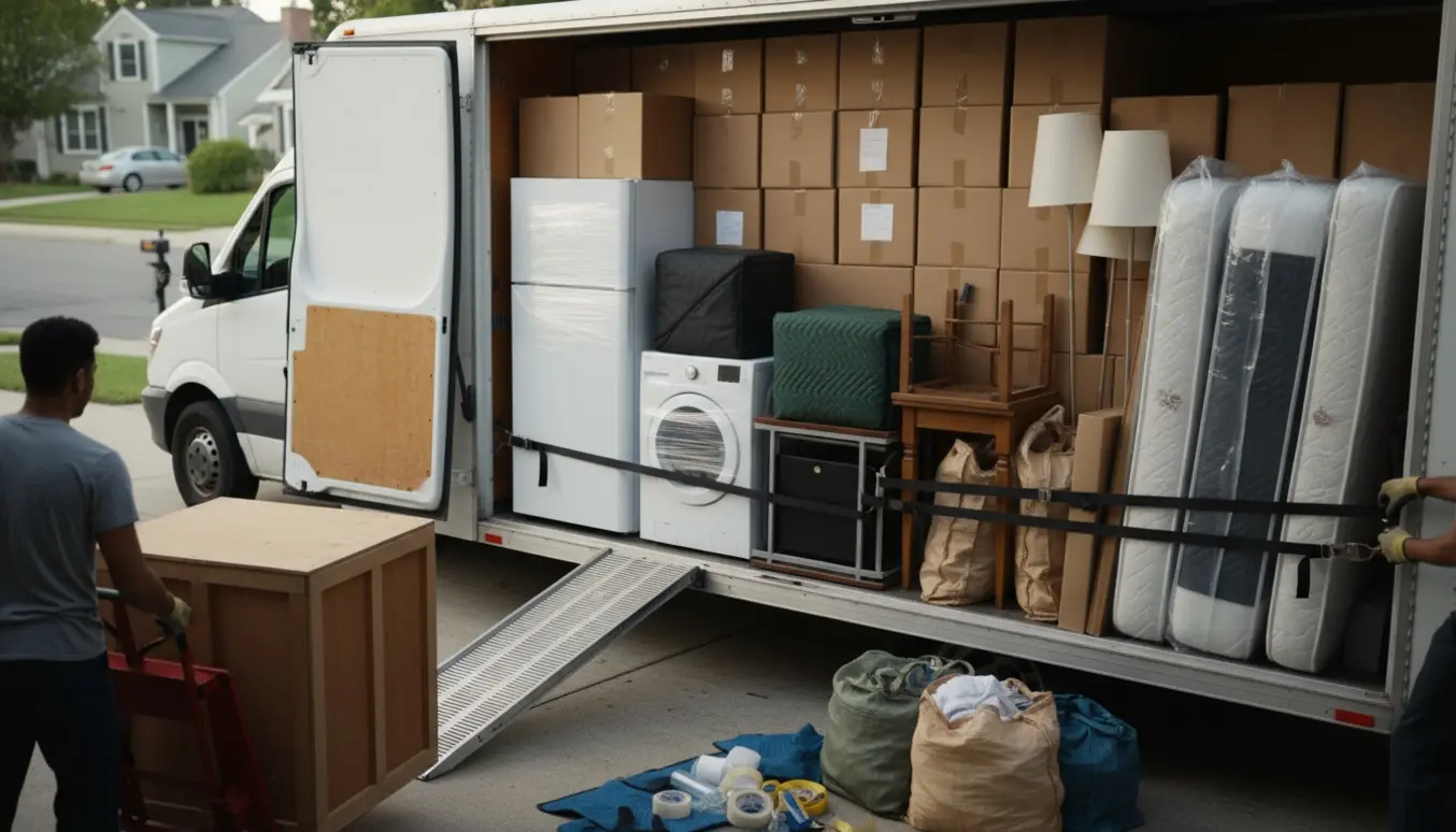 Åben flyttebil på indkørsel med stablede flyttekasser, hvidevarer og indpakkede møbler klar til transport.