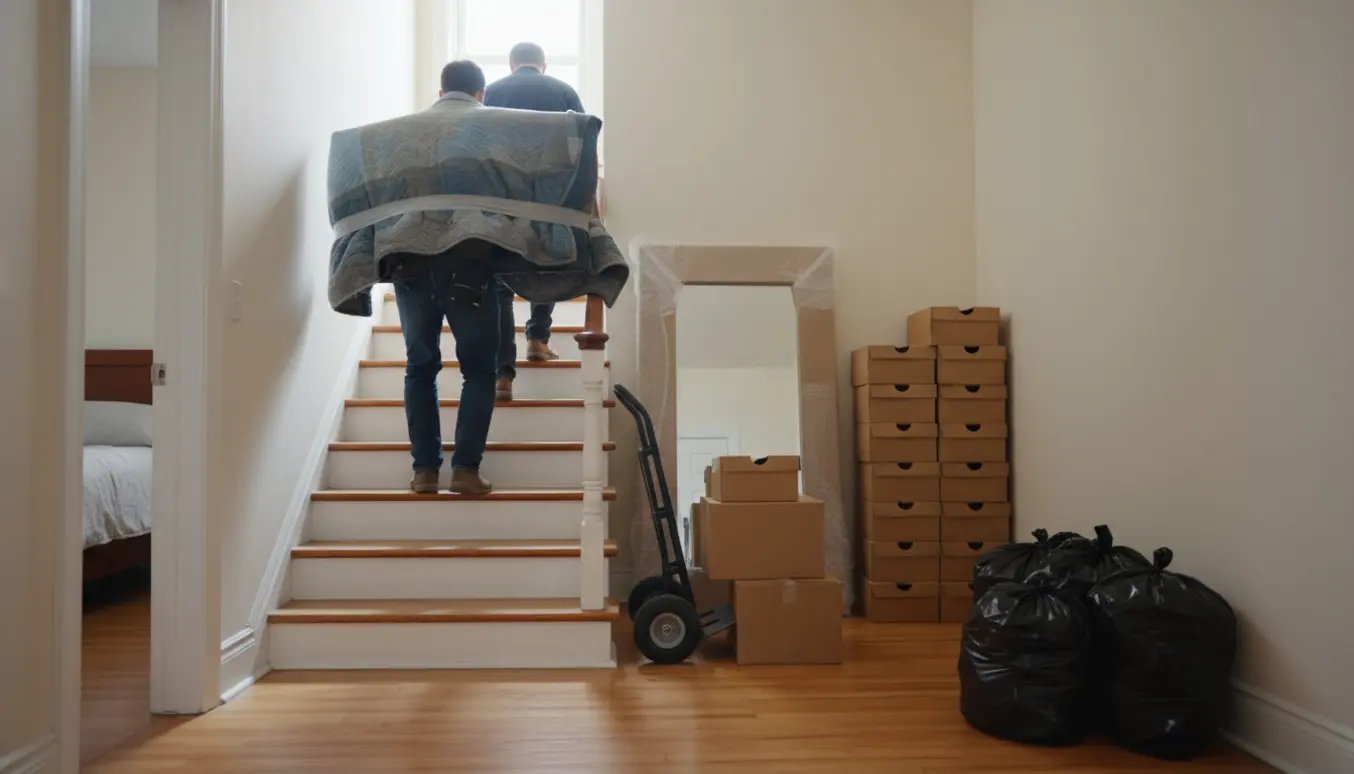 To personer bærer et indpakket 55'' TV op ad en trappe, med spejl, skoæsker og sorte plastposer i baggrunden.