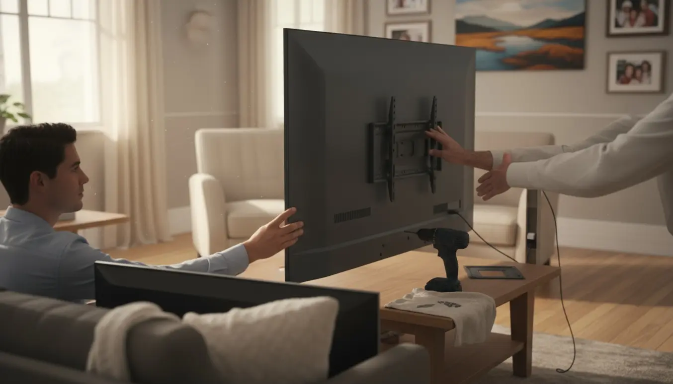 Hænder installerer et nyt 55-tommer fladskærms-tv på væggen i en hyggelig stue.