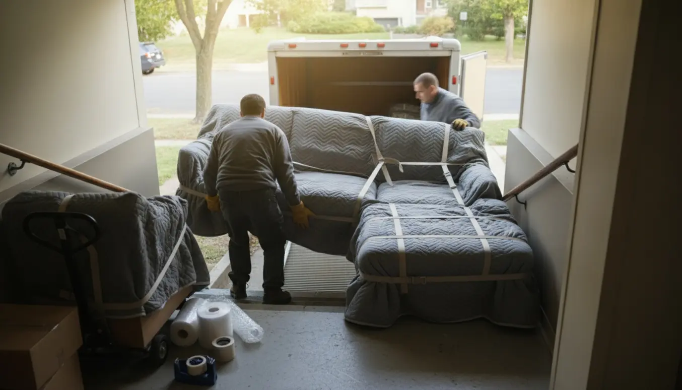 Indpakket trepersoners sofa og chaiselong bæres op ad en kældertrappe mod en åben flyttevogn på en stille villavej.