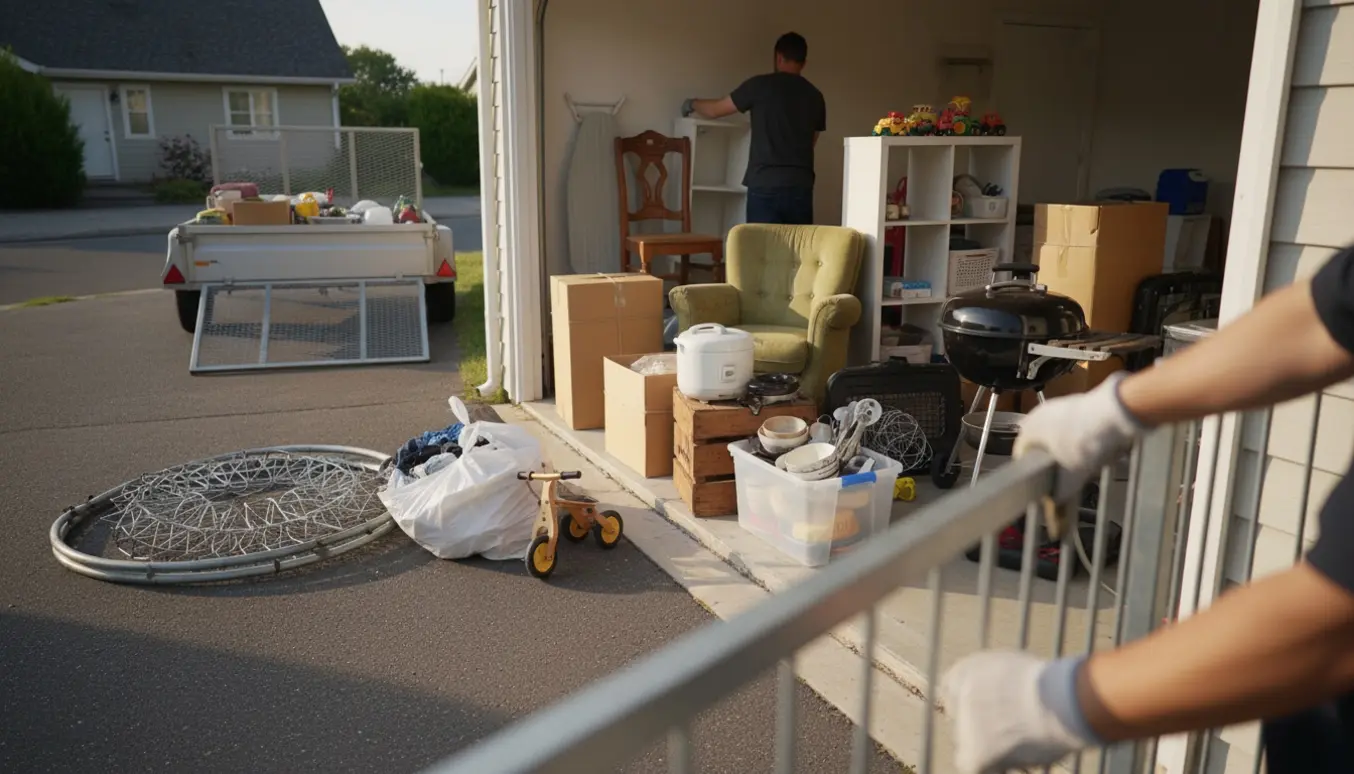 Åben carport med storskrald — små møbler, poser med tøj, legetøj og småapparater klar til afhentning ved en trailer.