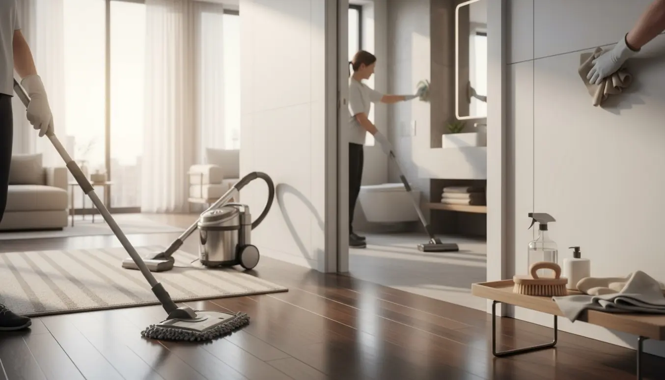 Lyst, moderne hjem under rengøring med gulvmop, støvsuger og hænder, der pudser spejl.