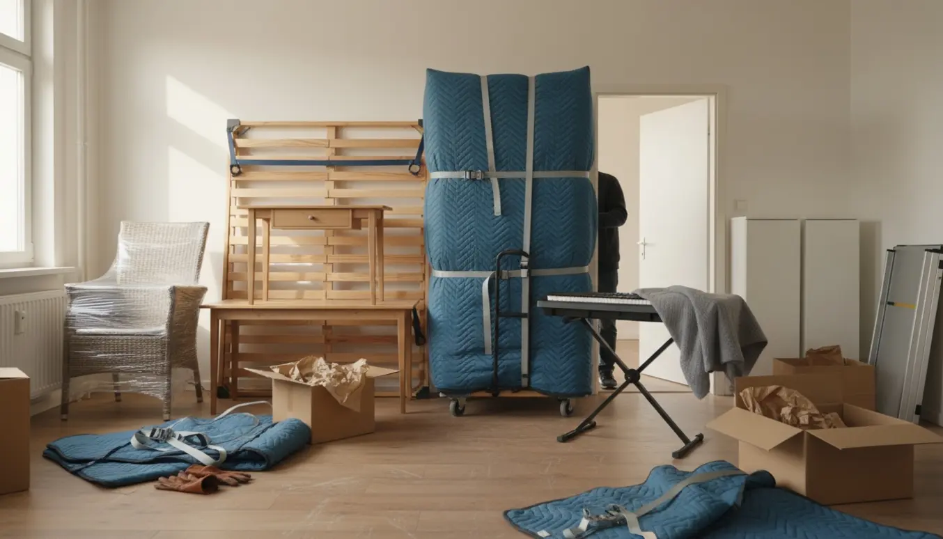 Møbler pakket og klar til flytning i en lys stue med sengestel, klædeskab, skrivebord, havestole, høje skabe og et dækket keyboard.