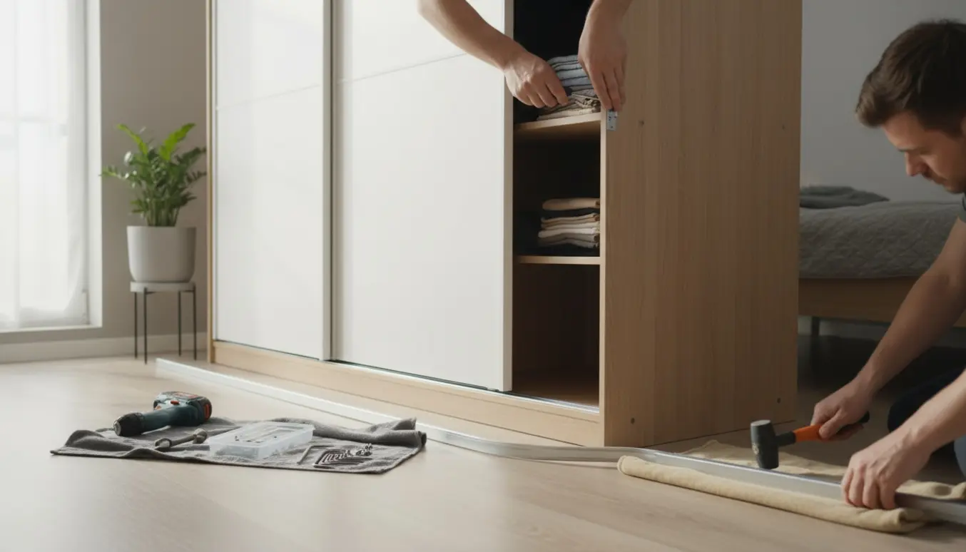 Hænder, der reparerer en løs top og en skæv bundskinne på et dobbeltskab med skydedøre.