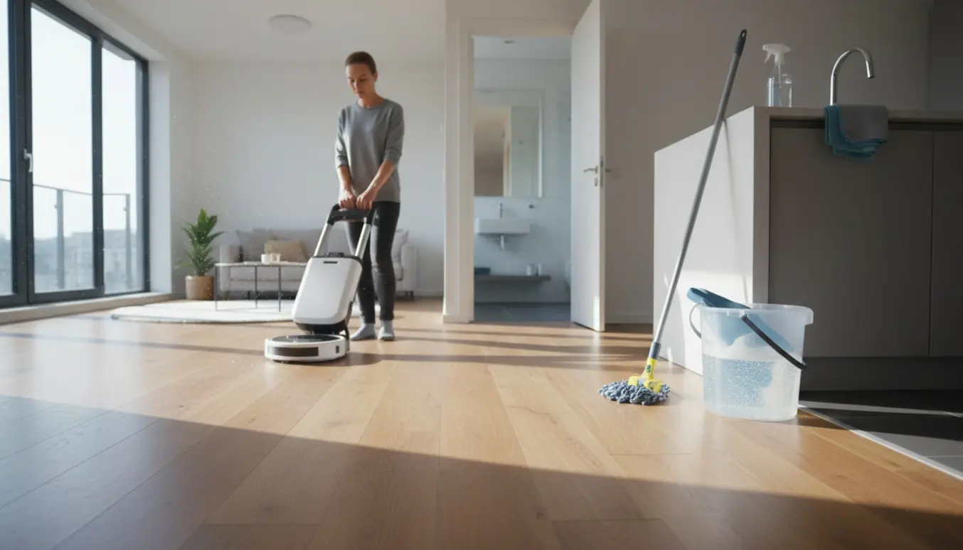 Lyst, moderne lejlighed under rengøring med støvsuger, moppe og et skinnende badeværelse i baggrunden.