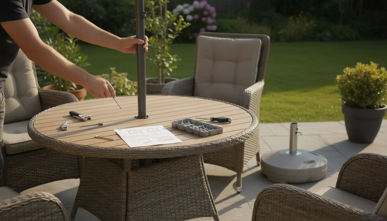 Hænder samler et havemøbelsæt og monterer en parasol på en solrig terrasse.