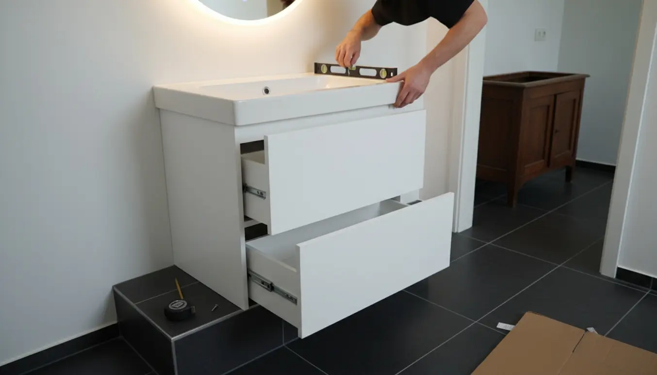 Hænder justerer et nyt hvidt badeværelsesskab med vask på en sort klinkesokkel under et rundt oplyst spejl.