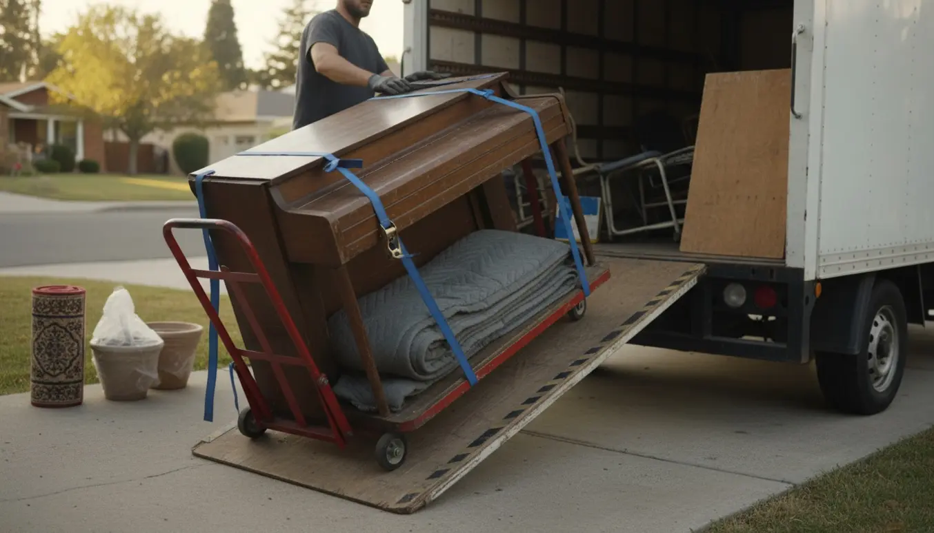 Et kompakt klaver og diverse storskrald bliver lastet ind i en lille flyttebil på indkørslen.