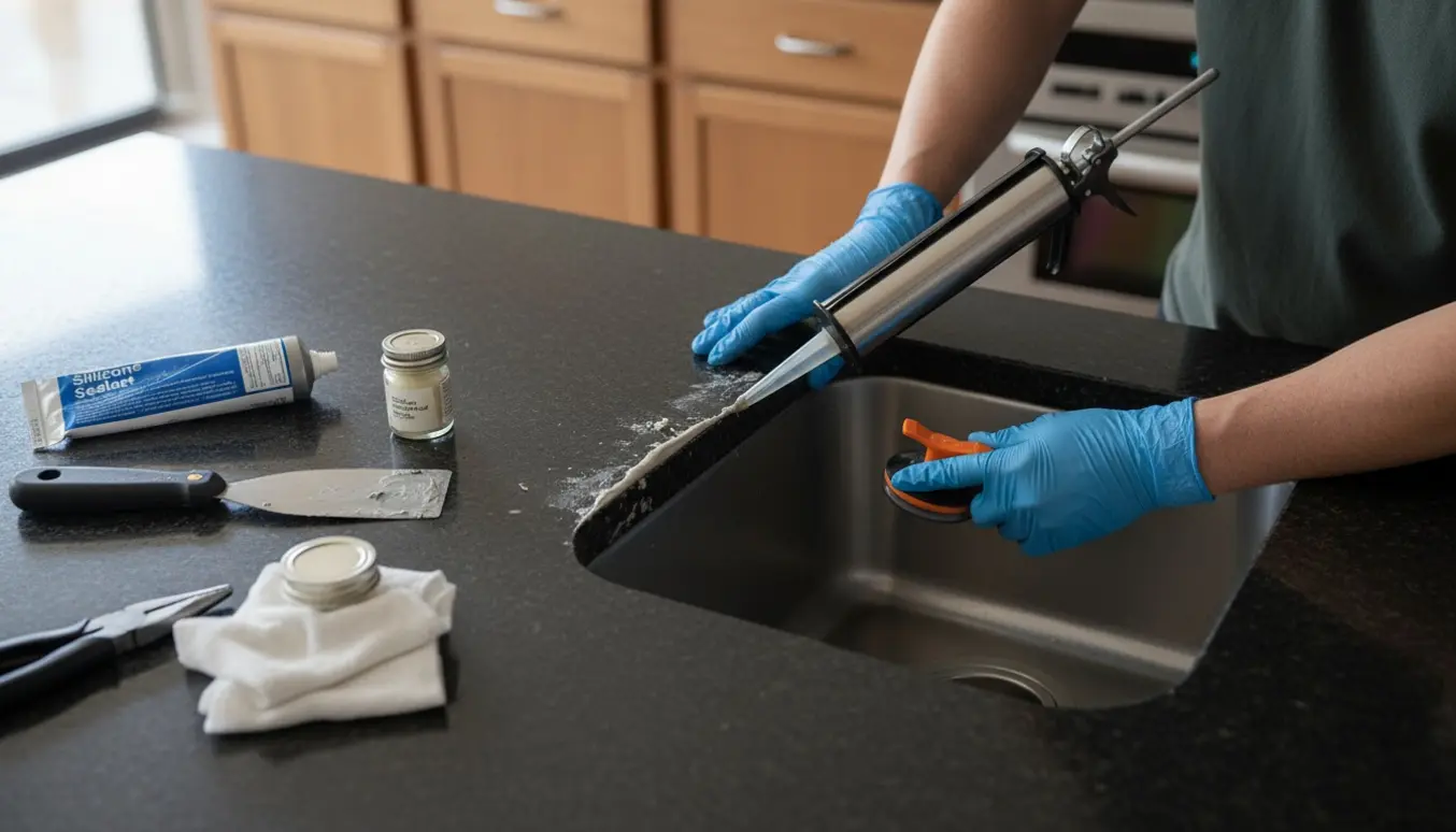 Nærbillede af hænder, der genmonterer en underlimet rustfri køkkenvask på en sort granitbordplade med fugepistol og værktøj.
