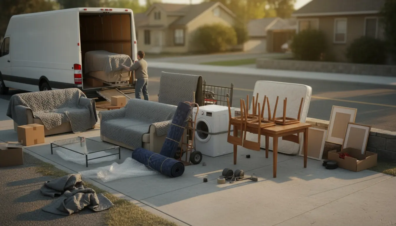 Flyttevogn og møbler på fortovet klar til afhentning, inklusive sofaer, glasbord, vaskemaskine og storskrald.