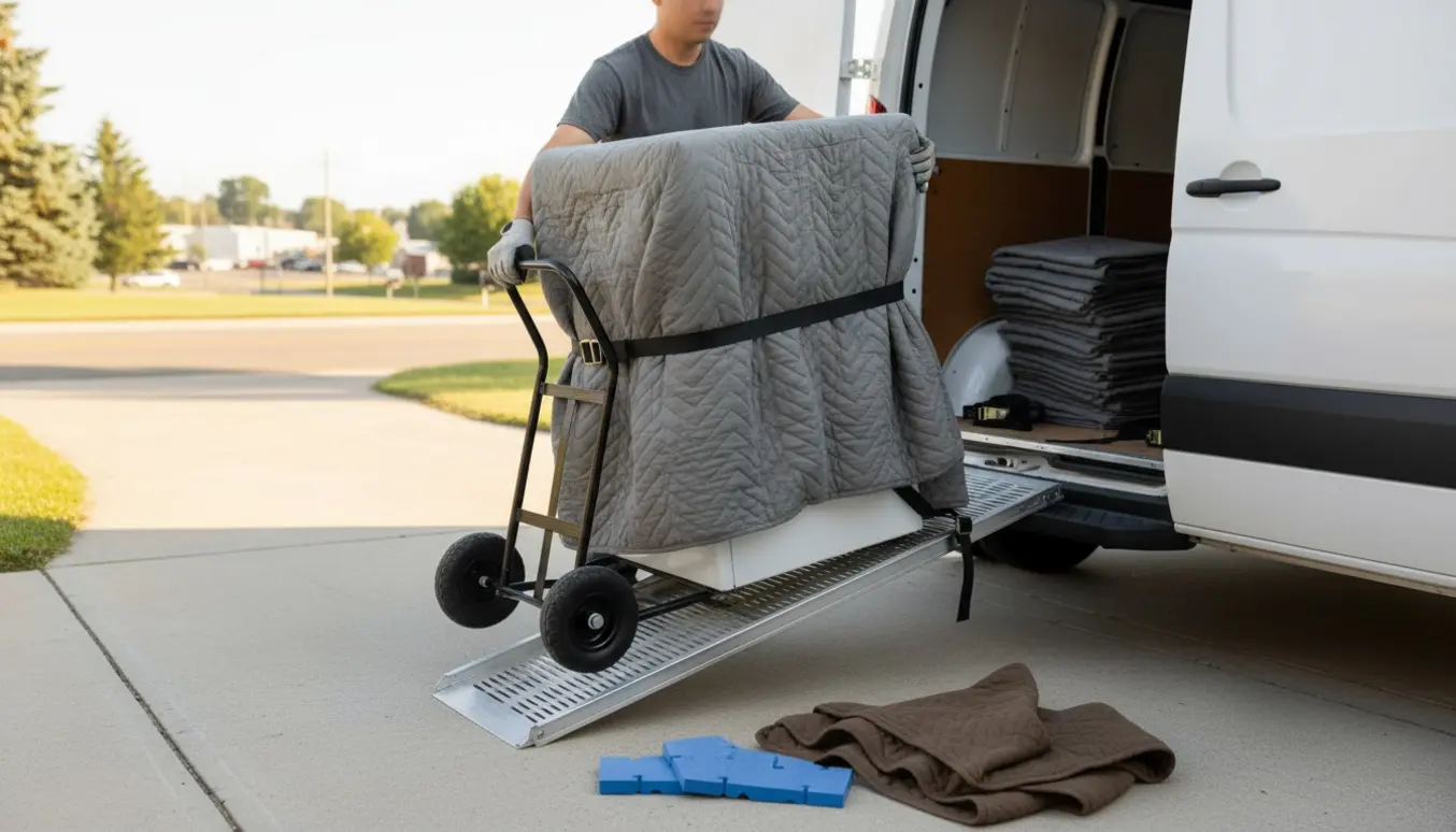 To flyttemænd laster en indpakket vaskemaskine ind i en hvid flyttebil på en indkørsel.