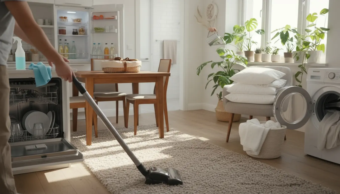 Lyst Airbnb-interiør hvor rengøring, støvsugning, foldet sengetøj, vanding af planter og en velkomstpakke er klar til næste gæster.