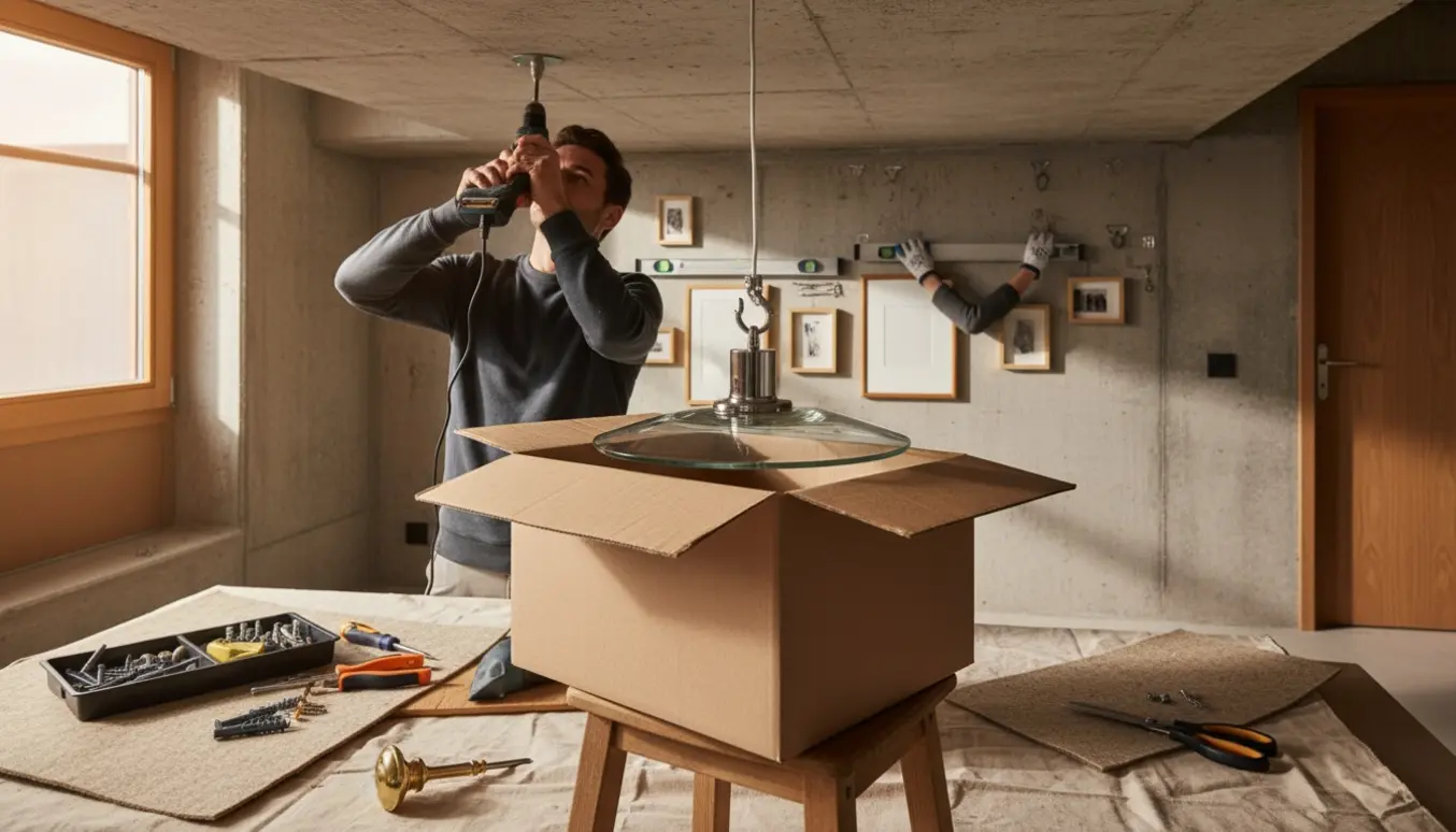 Person på skammel monterer krog i loftet til en flad glaslampe foran en betonvæg med rammer og værktøj.