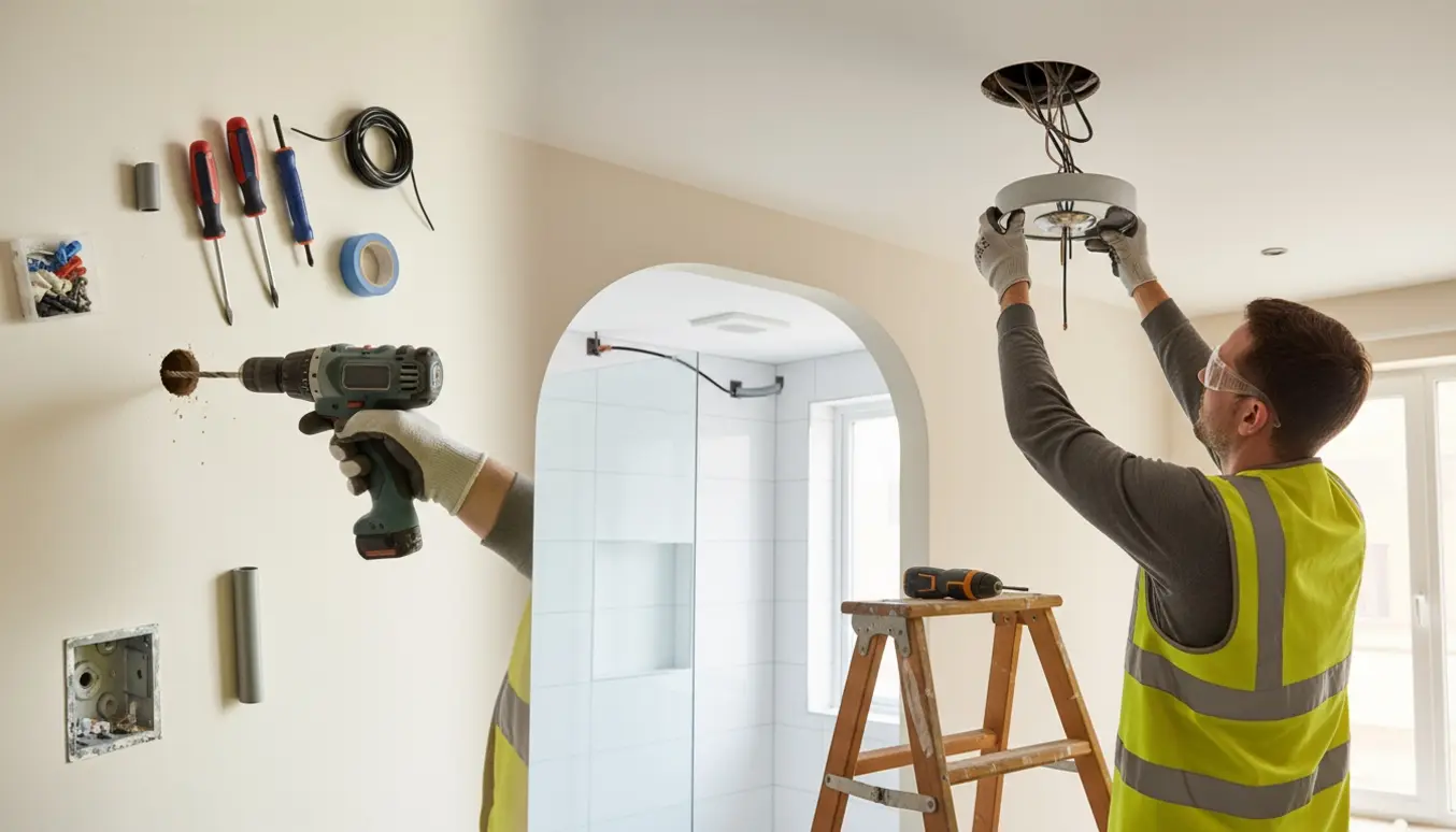 Elektriker på stige installerer loftslampe, omdirigerer kabel over bruseniche og borer ledning ind i væggen.