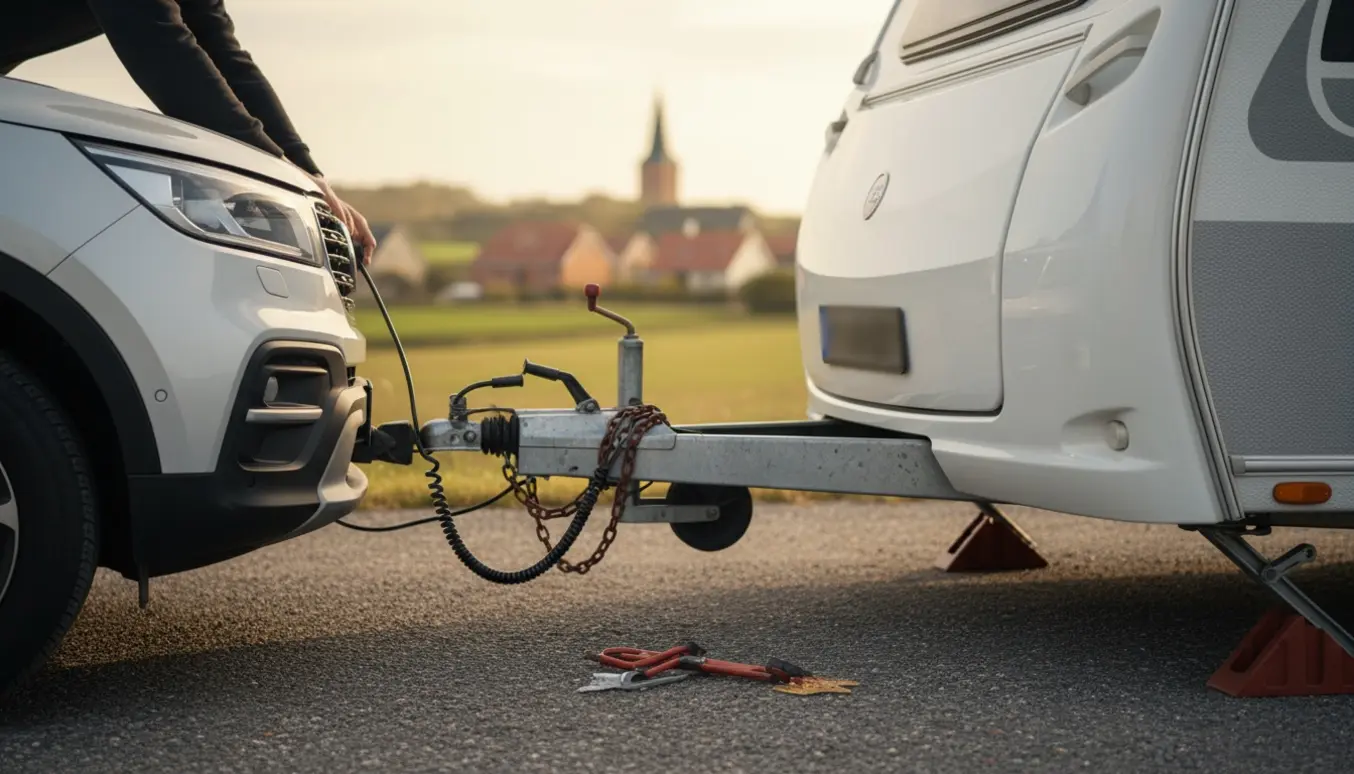 Campingvogn kobles til en bil på en dansk indkørsel klar til transport.