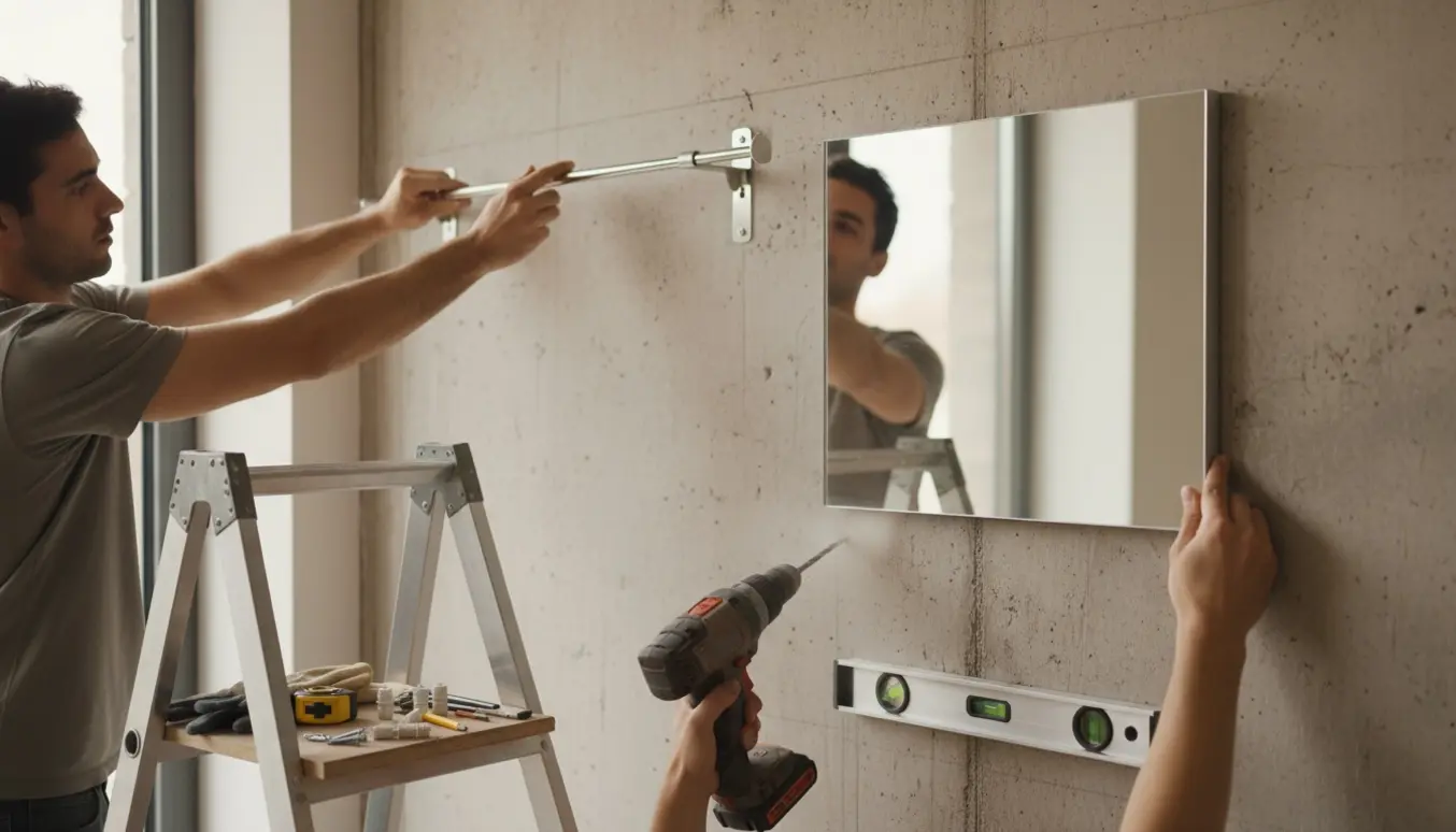 To personer monterer en gardinstang og et spejl på en betonvæg med værktøj og stige, ansigter uden for billedet.