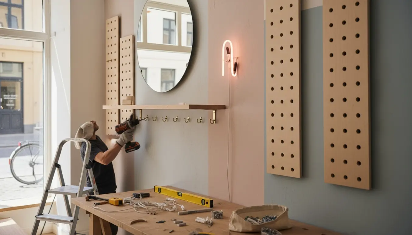 Montage i en københavnsk butik: neonskilt, modulpaneler, hylde, spejl og knager monteres på en solrig formiddag.