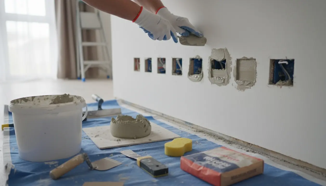 Nærbillede af hænder, der fylder og glatter mørtel i flere stikkontakthuller i en væg klar til spartling og maling.